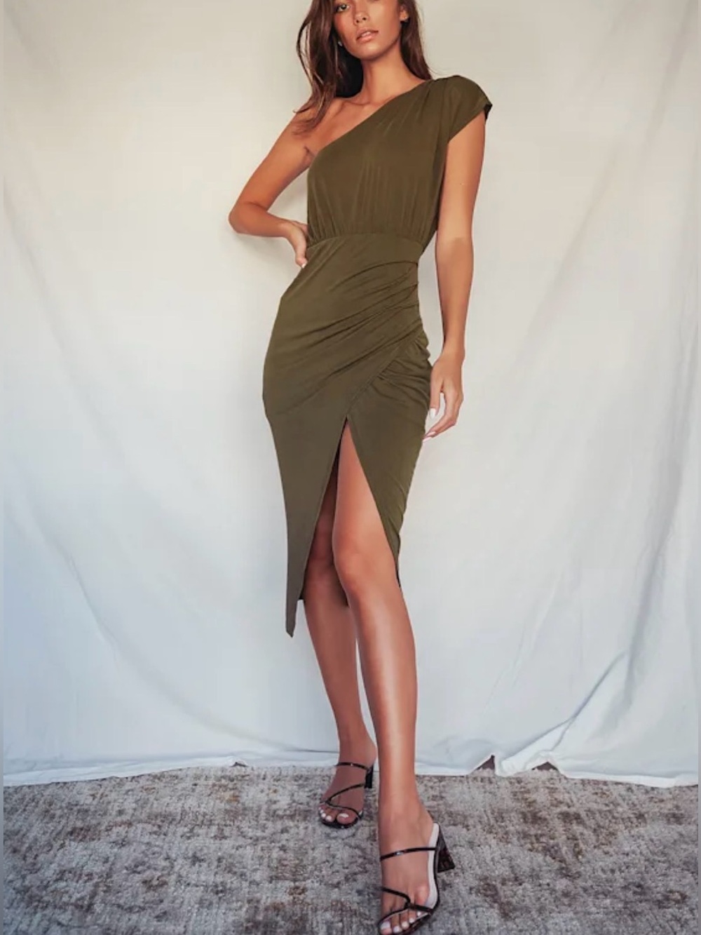 Lulus Women’s Raise a Glass Olive Green One-Shoulder Midi Dress Size Small